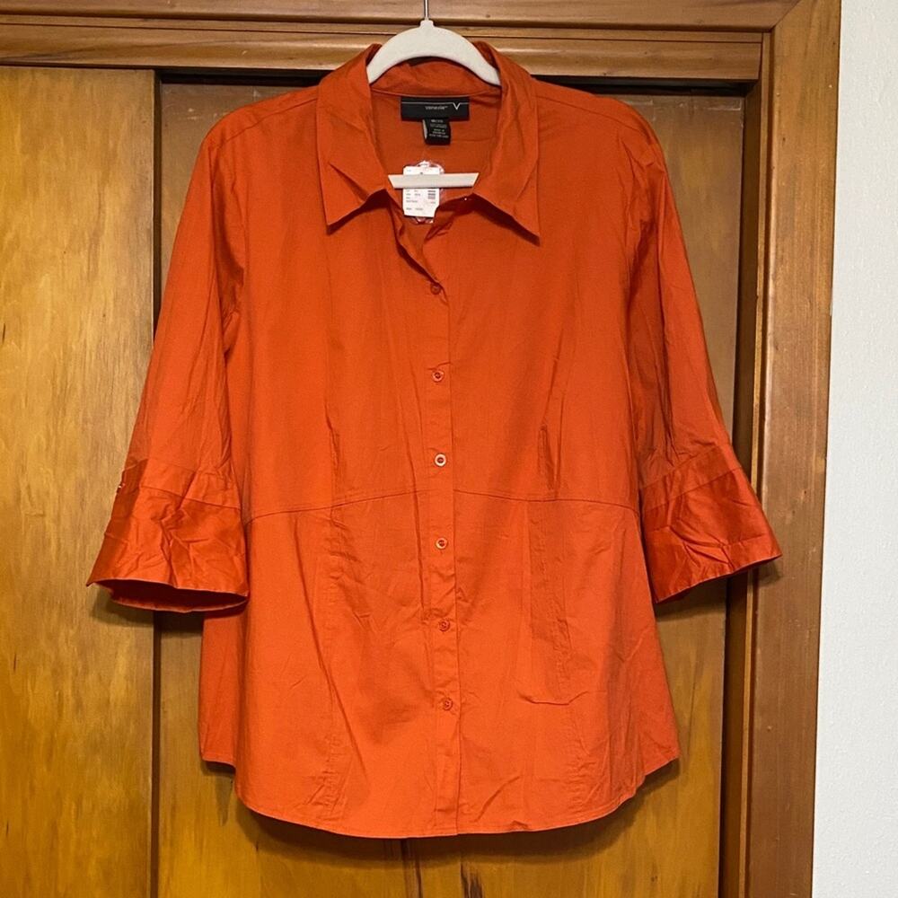 NWT Venezia Orange Button-Down Shirt 3/4 Bell Sleeves Cotton Spandex P2P 24.5”